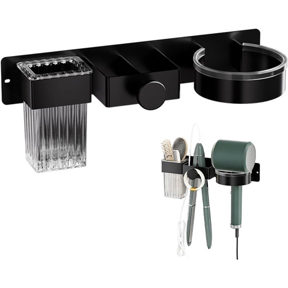 Hair Dryer and Straightener Holder, Hairdryer Holder Station Wall Mounted, Hair Styling Tool Organizer, Bathroom Adhesive Station, Black Metal Hairdryer Holder