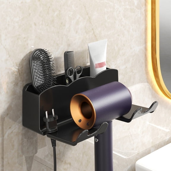 Hair Dryer Wall Mount Storage Rack, No Punching Bracket with Three Grids for Bathroom Organizer