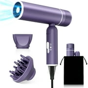 Hair Dryer, Blow Dryer with Diffuser for Curly Hair, Powerful 1600W Motor for Fast Drying, Hair Dryers for Women with Nozzle, Folding Handle and Storage Bag,Purple