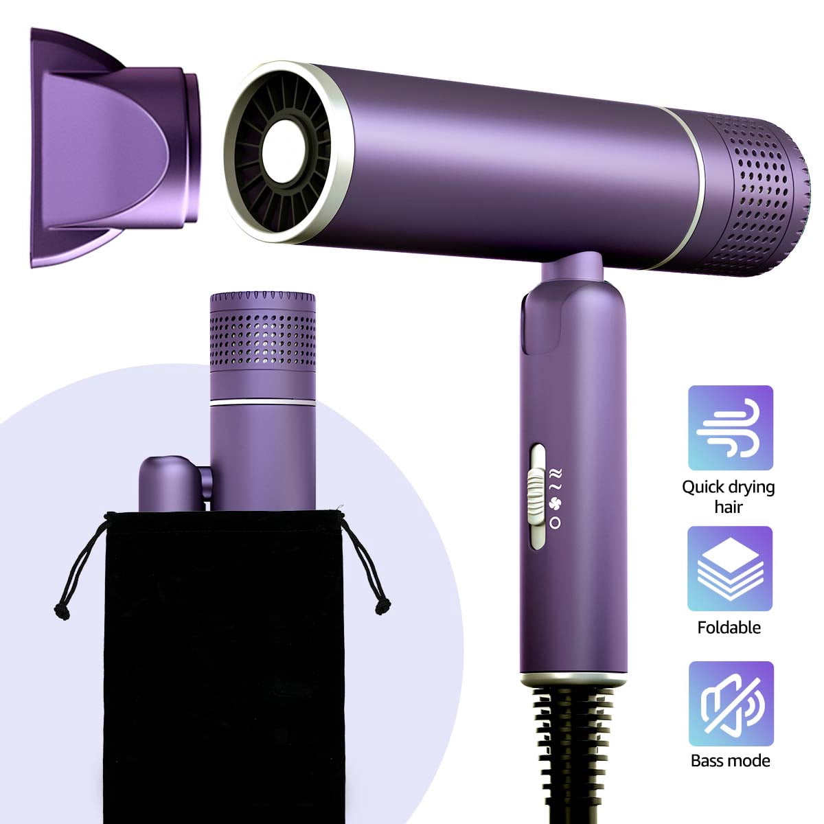 7MAGIC Hair Dryer, Blow Dryer with Diffuser, Powerful 1800W Motor for Fast Drying, Hair Dryers for Women with Storage Bag, Folding Handle, Purple