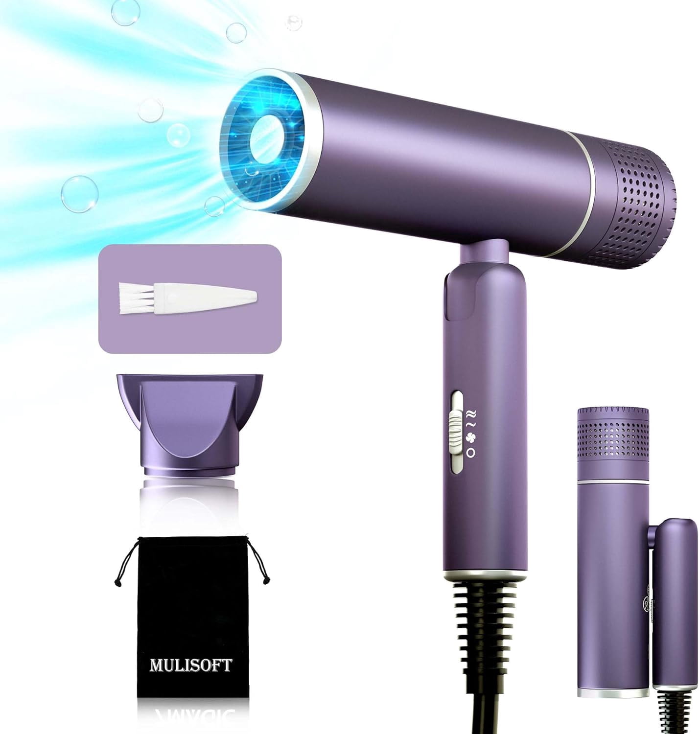 Hair Dryer for Women, Travel Hair Dryer, Powerful Ionic BlowDryer for Fast Drying, Lightweight Portable HairDryer, 3 Temperature 2 Speed Settings, Folding Handle for Compact with Storage Bag, Purple