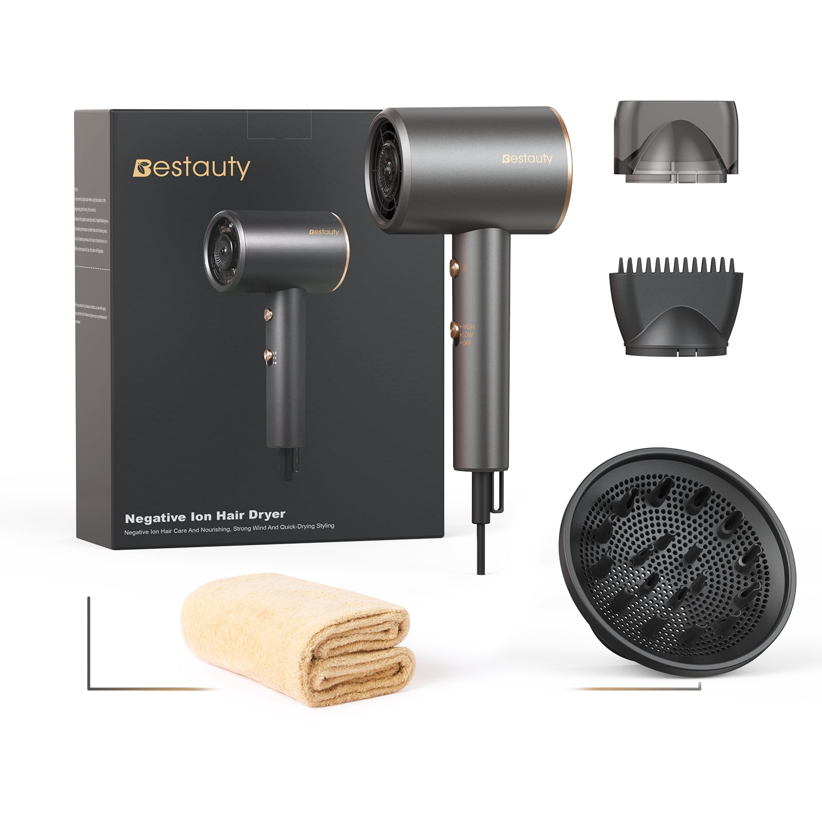 Hair Dryer with 2 Styling Nozzles - Quick Drying and Hydrating