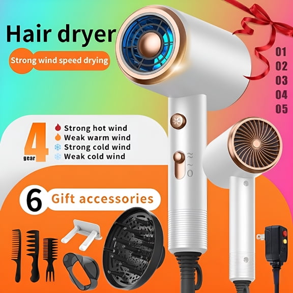 Hair Dryer with Diffuser, 1600W Ionic Blow Dryer for Curly Hair, White, 6 Attachments