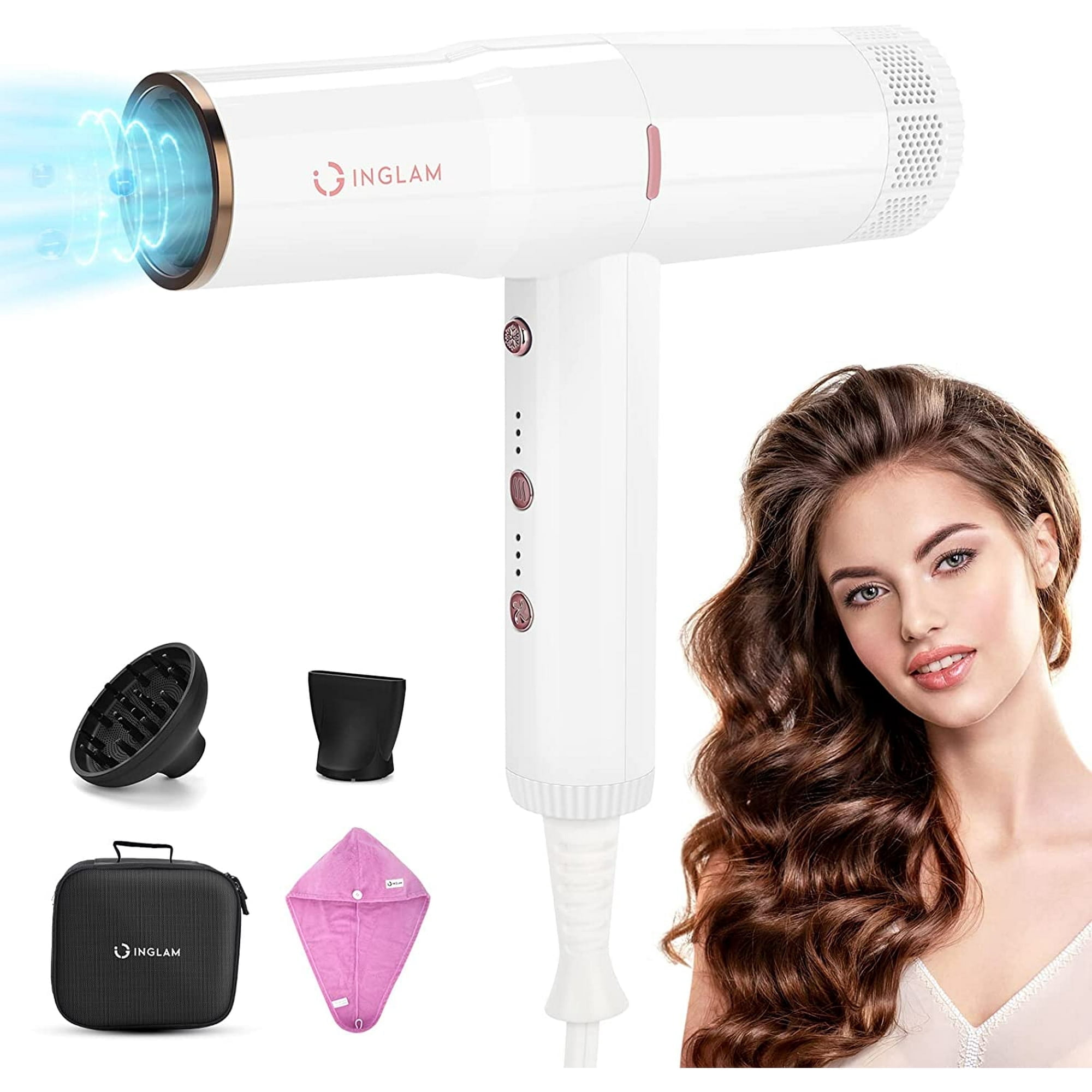 Hair Dryer with Diffuser, IG INGLAM Professional 110,000 RPM High Speed Brushless Motor Negative Ion , 3 Heat Settings 3 Speeds Powerful Blow Dryer