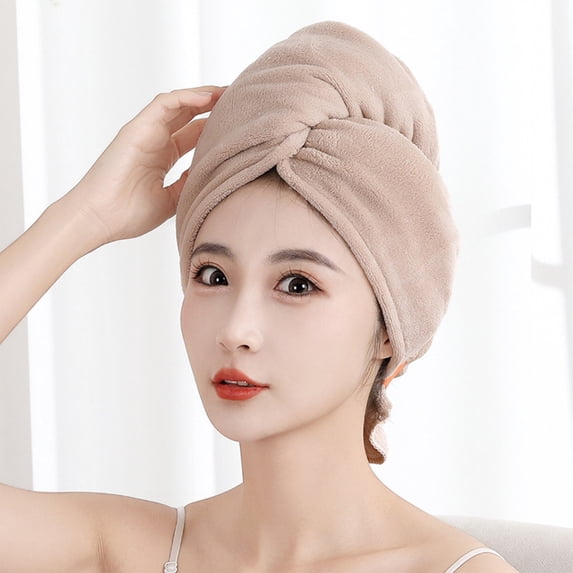 Coral Fleece Hair Drying Towel Wrap, Super Absorbent & Fast Drying, Lightweight Turban with Elastic Loop & Button