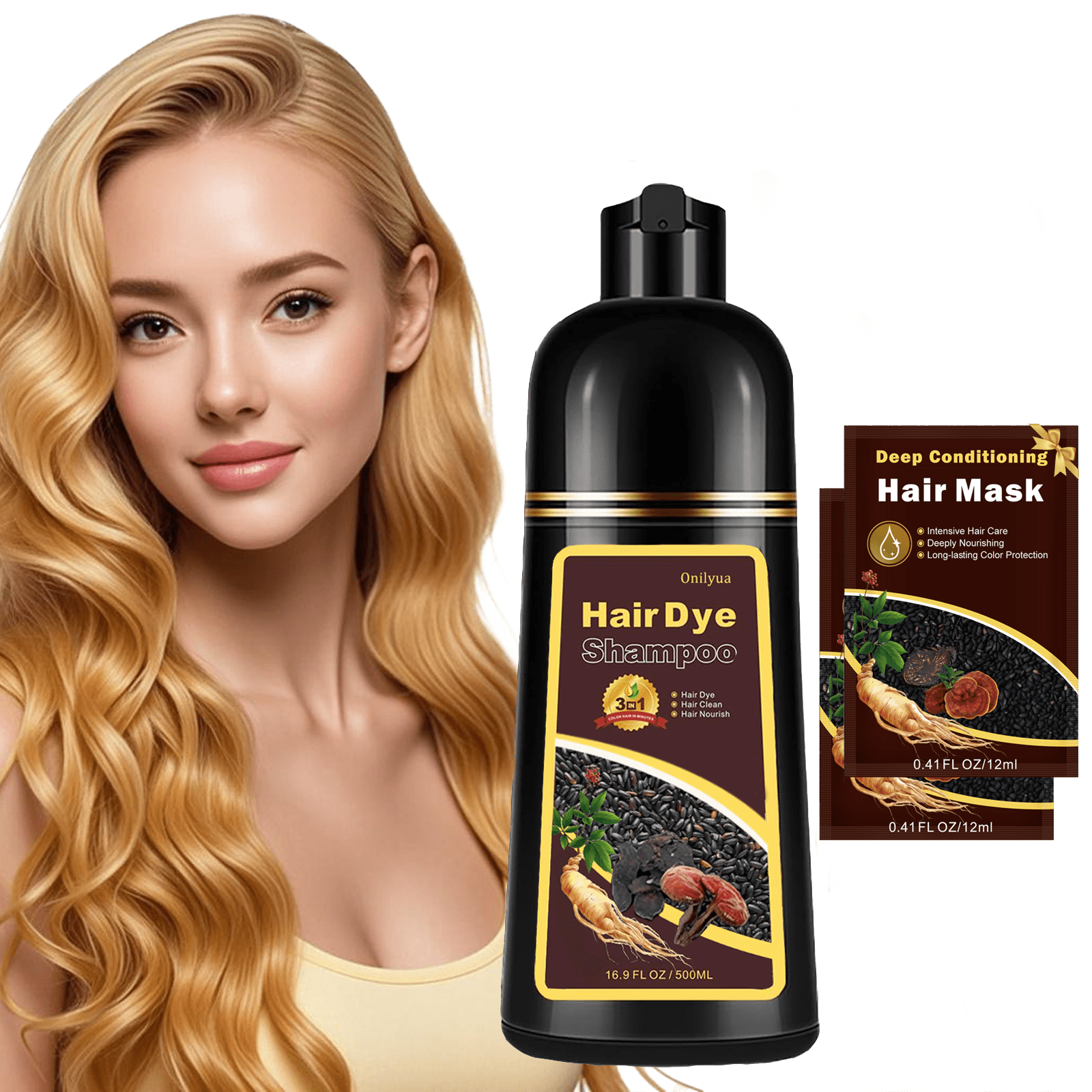 Hair Dye Shampoo Blonde Brown, 3 in 1 Long-Lasting Hair Coloring Shampoo with Herbal Ingredients, Instant Magic Hair Dye with Hair Masks, Easy Application Shampoo Para Canas for Women Men 16.9 Fl Oz