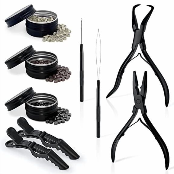 Hair Extension Beading Tool Kit 600PCS Micro Silicone Lined Beads Stainless Steel Hair Extensions Micro link Bead Closer and Remover Pliers set, Beads Hair Pulling Hook & Micro Ring Loop Tool