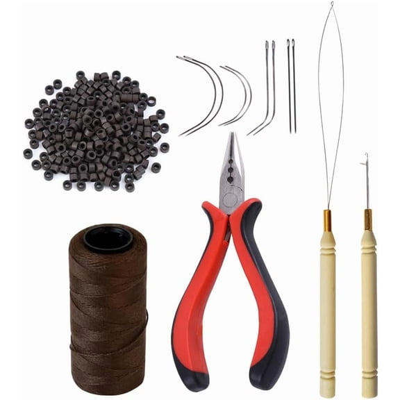 Hair Extensions Tool Kit: 200 Pcs Silicone Lined Micro Links Beads 1 Three Hole Pliers Roll Sewing Thread Loop Needle Threader Pulling Hook Needle 8 Needles (Dark Brown)