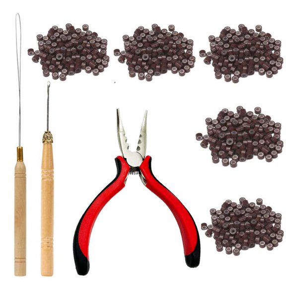 Hair Extensions Tools Kit Professional Hair Styling Tools Accessory 500 Pcs Micro Ring Beads 1 Hair Extension Plier 2 Hook Needle Pulling Loop Hair Extensions Bead Device (Brown)