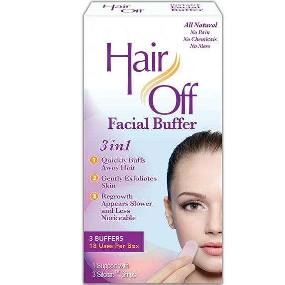 Hair Off Facial Buffer - Painless & Chemical Free Facial Hair Remover & Gentle Face Exfoliator - Hair Eraser to Slow Regrowth on Chin, Lip & Cheeks (3 Buffers Per Box)