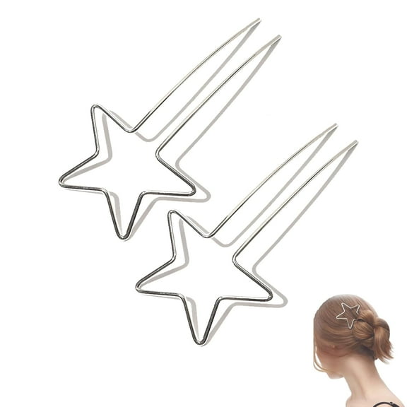 Hair Fork Minimalist Wire Star Hair Stick, U-Shaped Bun Holder for Women & Girls with Long Thick Hair, Metal Updo Styling Tool (Silver, 2pcs)