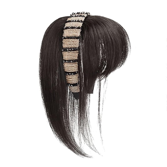 Hair Fringe with Hair Band, Rhinestone Wide Headband Bangs Wig, Stylish Front Hair Bangs Headband for Women (Brown Black,25cm)
