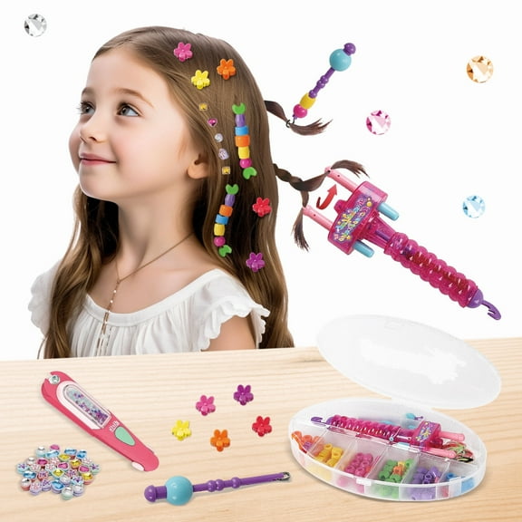 Hair Gem Stamper & Braiding Machine Playset with Beads Hairpins Curling Needle, Hair Styling Tools for Girls Present Play Christmas Birthday Gifts
