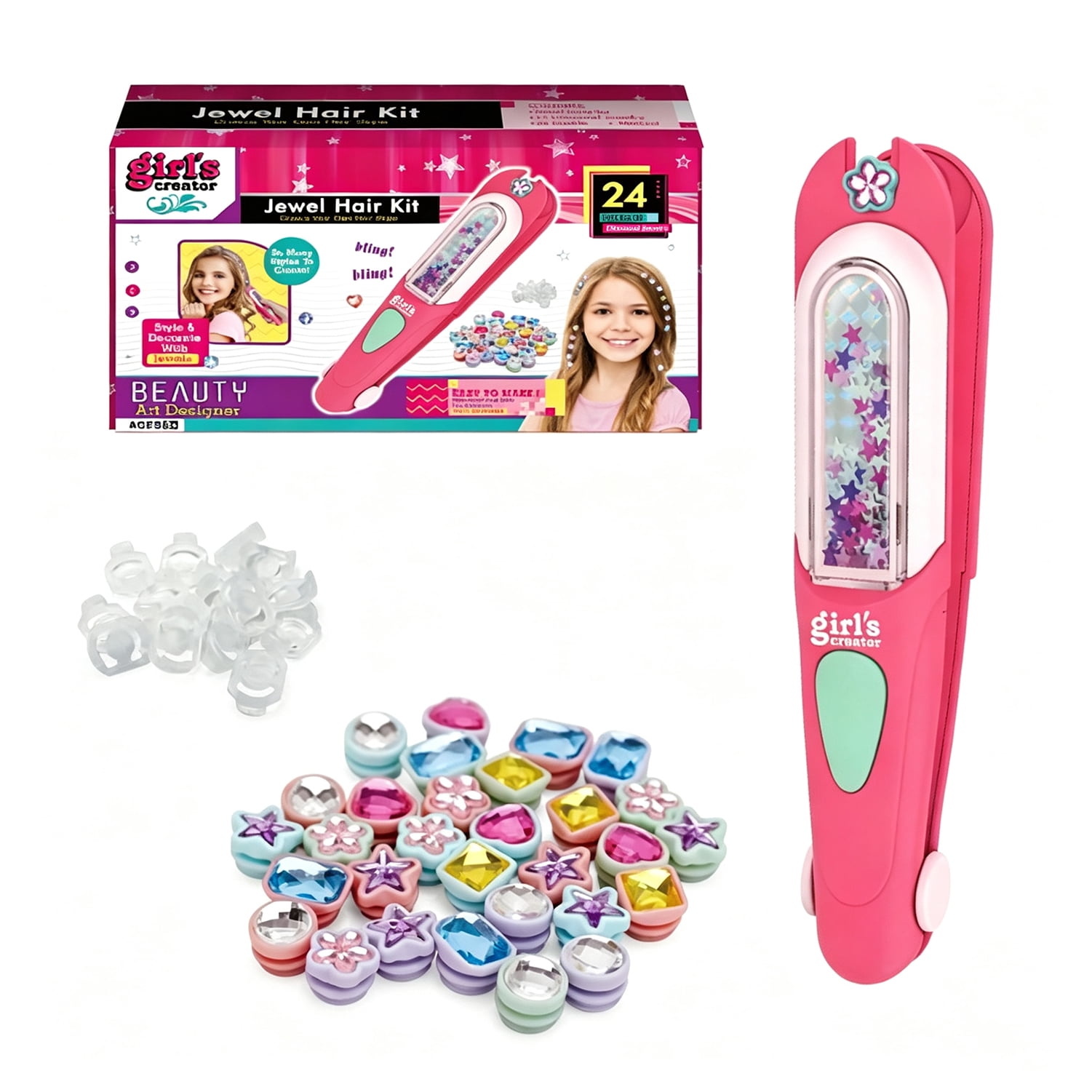Hair Gem Stamper Kit Reusable Shiny Hair Styling Tool with 24 Pieces Rhinestones,Christmas and Birthday Gifts for 3-10 Kids Girls