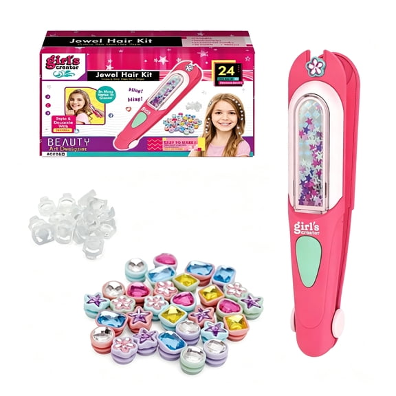 Hair Gem Stamper Kit Reusable Shiny Hair Styling Tool with 24 Pieces Rhinestones,Christmas and Birthday Gifts for 3-10 Kids Girls