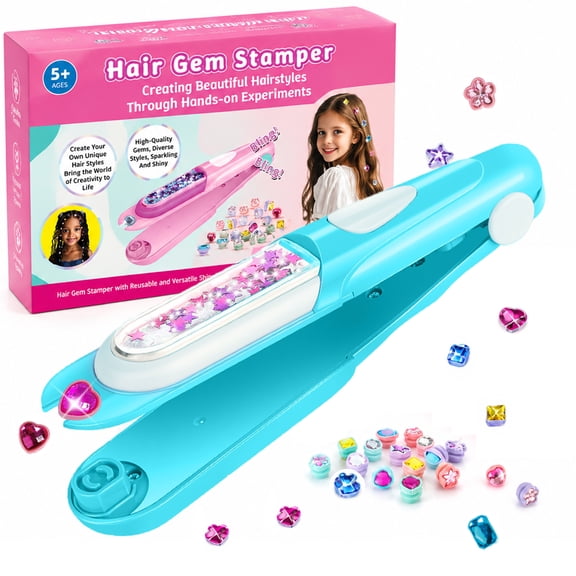Hair Gem Stamper Kit for Girls – 24 Reusable Sparkle Diamonds, Easy-Press Styling Tool, Creative Gift for Kids Ages 4-8 (Blue)