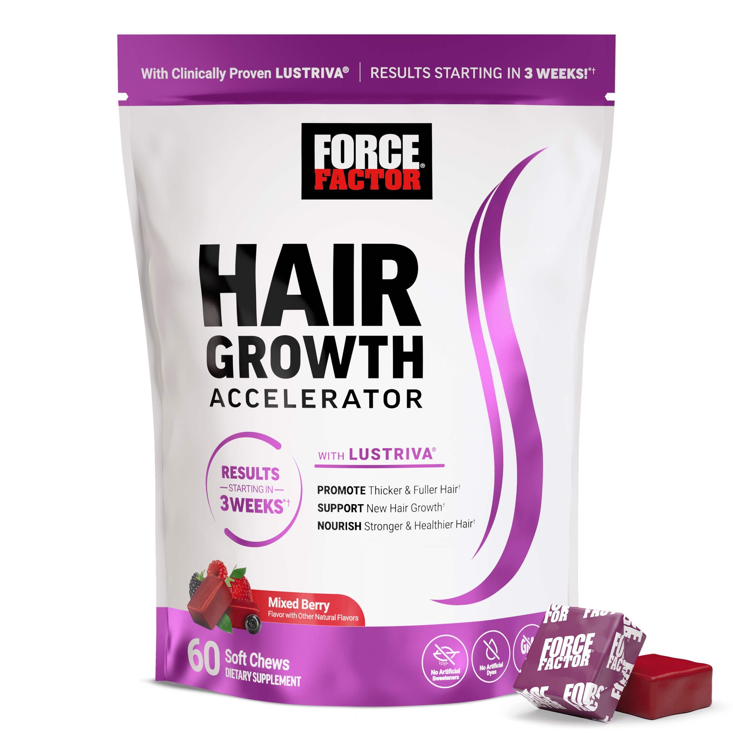 Hair Growth Accelerator Soft Chews, Hair Growth Vitamins for Women with Lustriva and Biotin to Promote Visibly Thicker, Fuller, Stronger Hair, Mixed Berry, 60 Soft Chews by Force Factor