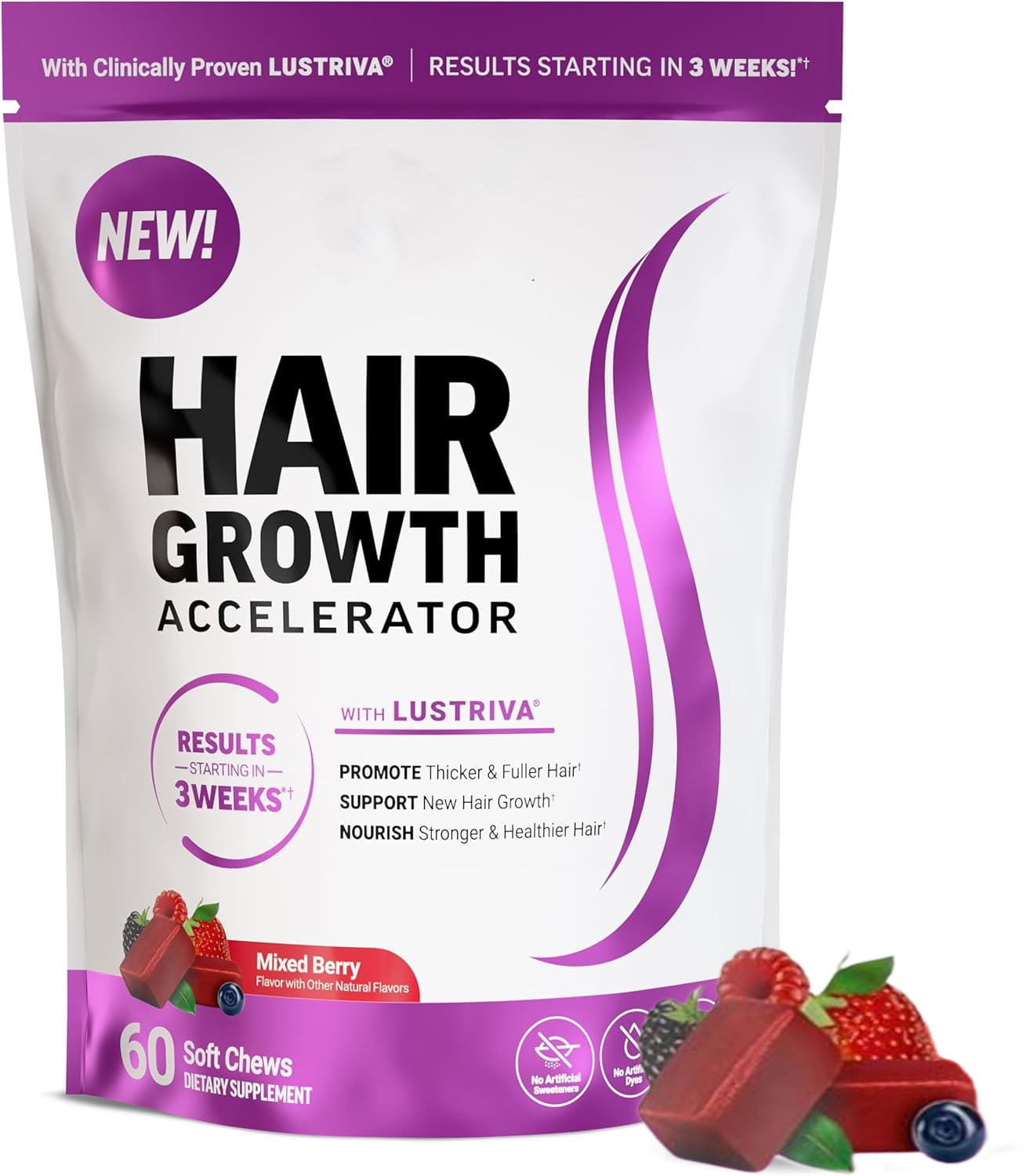 Hair Growth Accelerator Soft Chews, Promote Thicker, Stronger, Fuller Hair, Hair Growth Vitamins, Mixed Berry, 60 ct