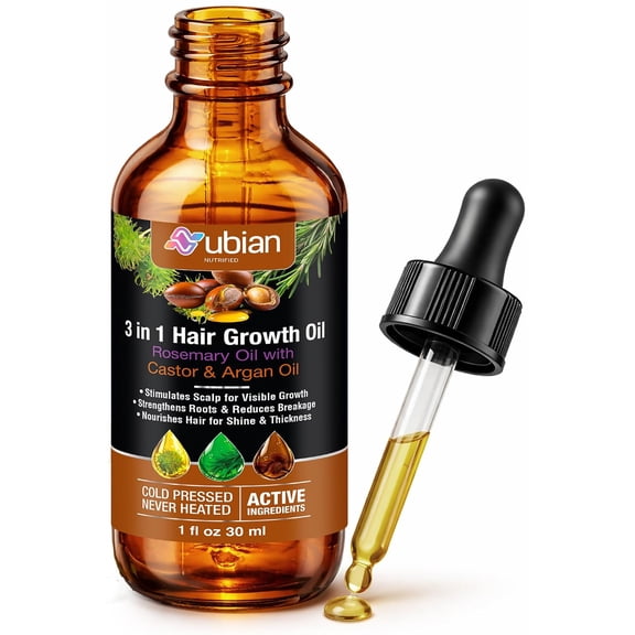 Nubian Nutrified Rosemary, Castor, Argan Oils Hair Growth Oil for All Hair Types, 1.02 fl oz