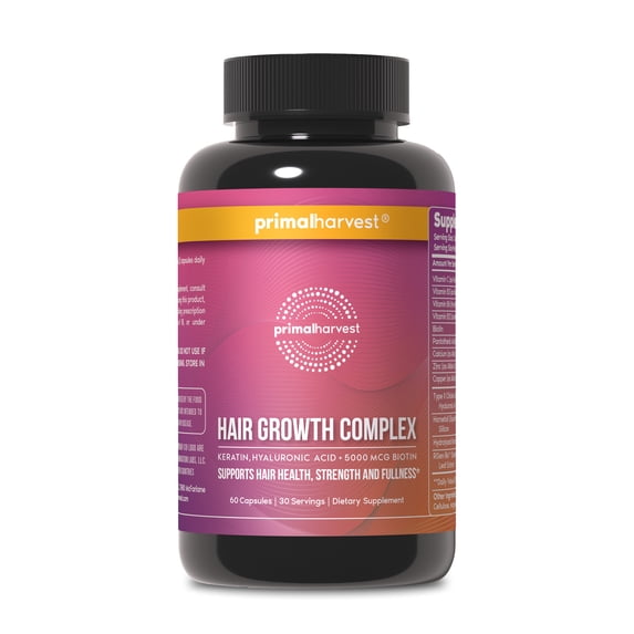Primal Harvest Hair Growth Complex with Biotin, Keratin, and Niacin Supplement, 60 Capsules