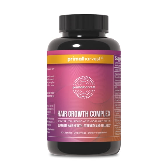 Primal Harvest Hair Growth Complex with Biotin, Keratin, and Niacin Supplement, 60 Capsules