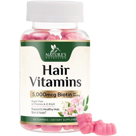 Hair Vitamins Gummies with Biotin 5000 mcg Per Serving - Extra Strength Hair Growth Support Vitamin E & C - Stronger Radiant Hair, Skin & Nails Supplement - Hair Growth Support Gummy - 60 Gummies