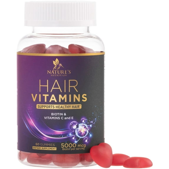 Hair Vitamins Gummies with Biotin 5000 mcg - Extra Strength Hair Growth Support Vitamin E & C - Stronger Radiant Hair, Skin & Nails Supplement - Hair Growth Support Gummy for Women & Men - 60 Gummies