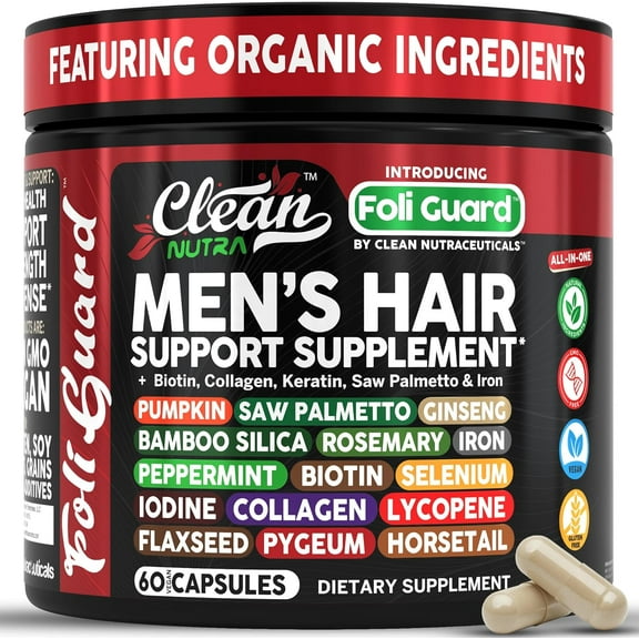 Hair Growth Supplement for Men | Biotin Collagen Keratin Saw Palmetto Iron Pumpkin Ginseng Bamboo Silica Rosemary Peppermint Selenium Iodine Flaxseed Horsetail Vitamin A C D3 E B12 by Clean Nutra (1)