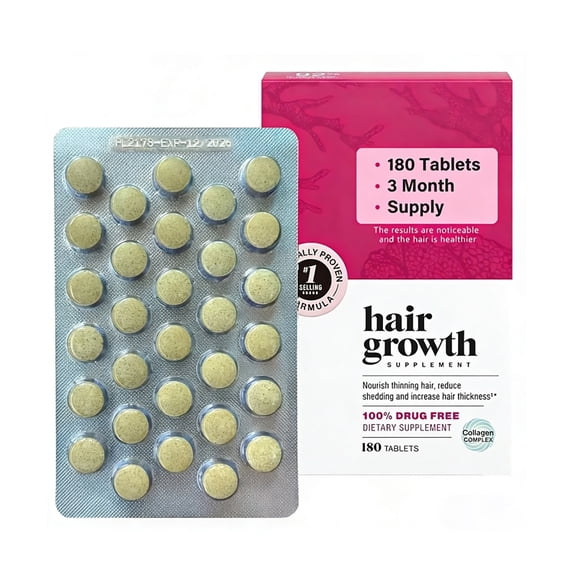 Hair Growth Supplement for Thinning Hair - 180 Tablets (3 Month Supply) - 100% Drug Free with Collagen Complex to Reduce Shedding & Increase Thickness