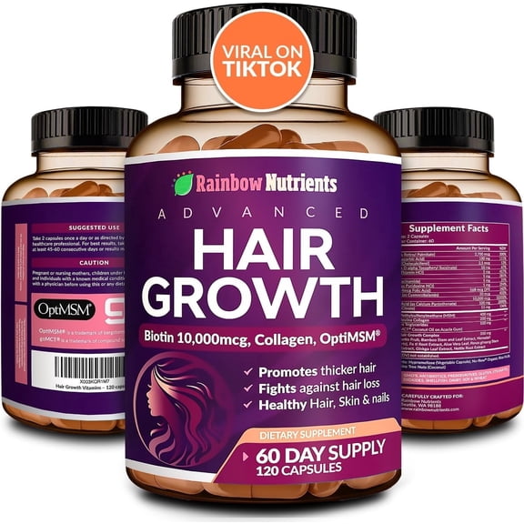 Hair Growth Vitamins for Women , Biotin 10,000mcg, Collagen, Patented OptiMSM , goMCT , Saw Palmetto , Naturally Regrow Stronger & Healthier Hair, Skin and Nails , Stops Hair Loss , 60 Day Supply