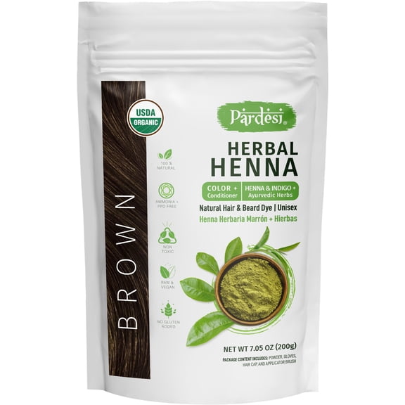 Hair Henna Powder I USDA Organic I 7.05 oz (200 Gram) | Natural Hair & Beard Dye I Unisex I Brown Color I Ammonia and PPD Free I Includes Gloves, Hair Cap and Applicator I From India