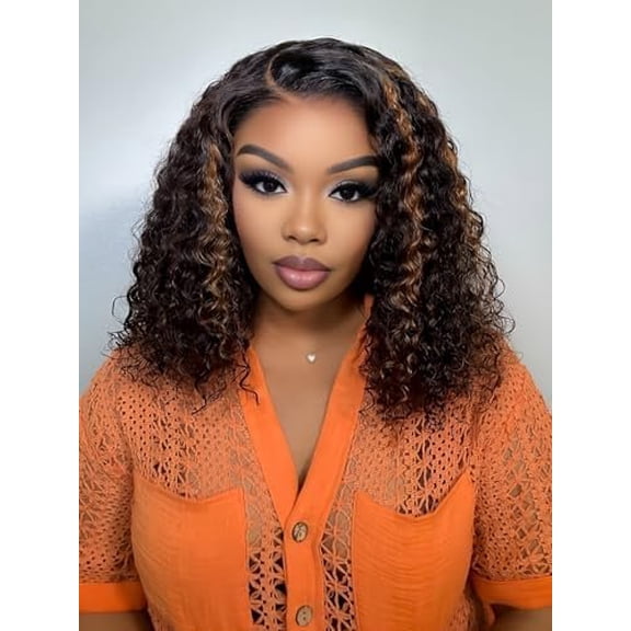Hair Highlight Glueless Bob Wigs Human Hair Pre Plucked Pre Cut 2/30 Honey Blonde Curly Human Hair Wig for Black Women Ombre Water Wave 5x7  Lace Closure Wigs with Elastic Band 14 Inch