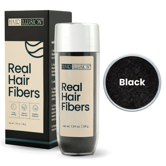 Hair Illusion Black Real Hair Fibers for Thinning Hair and Bald Spot Cover up for Women & Men - 38 Gram