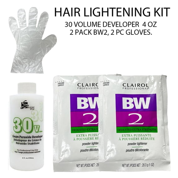 Hair Lightening Clairol BW2 Powder Lightener Bleach 30 Volume Developer - 4 oz ( 5 Pcs Kit )