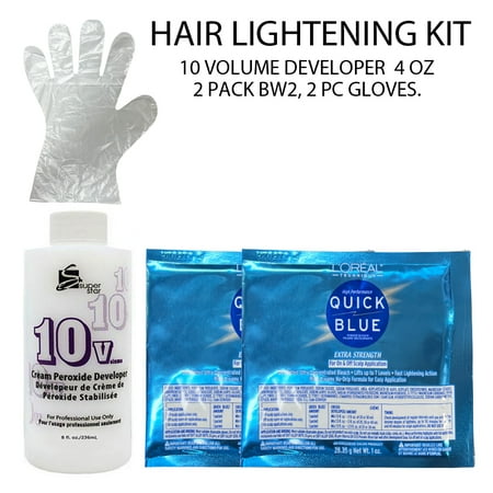 Hair Lightening L'Oreal Quick Blue High Performance Powder Lightener Bleach 10 VOLUME DEVELOPER 4 OZ Kit ( 5 PC )