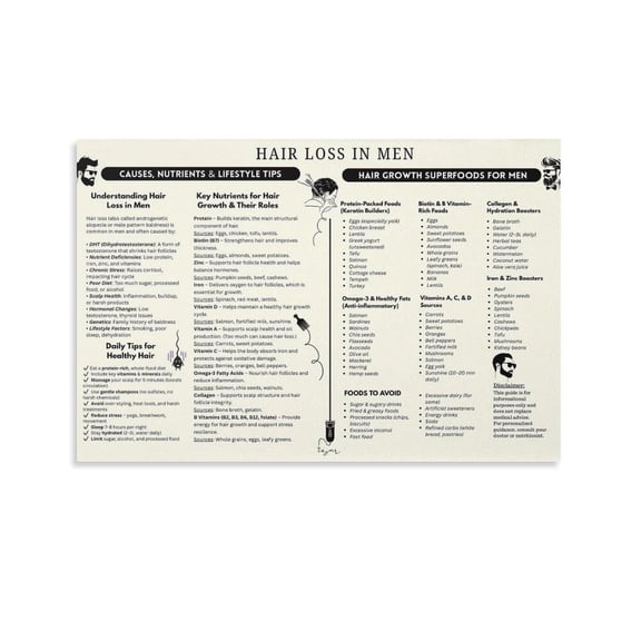 Hair Loss Men Foods Guide Poster,Growth Nutrition Plan for Balding Canvas for Living Room Bedroom Decor