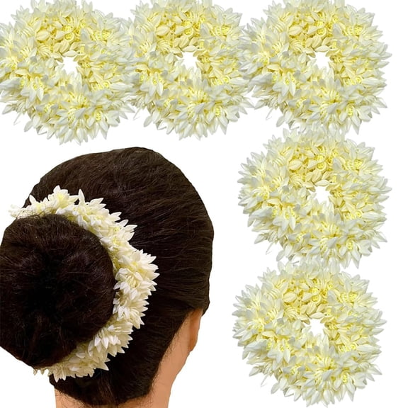 Hair Mogra Scented Rubber Band Gajra Hair Accessories for Women Girls (White) (Free Size (30 GM) (Pack of 5)