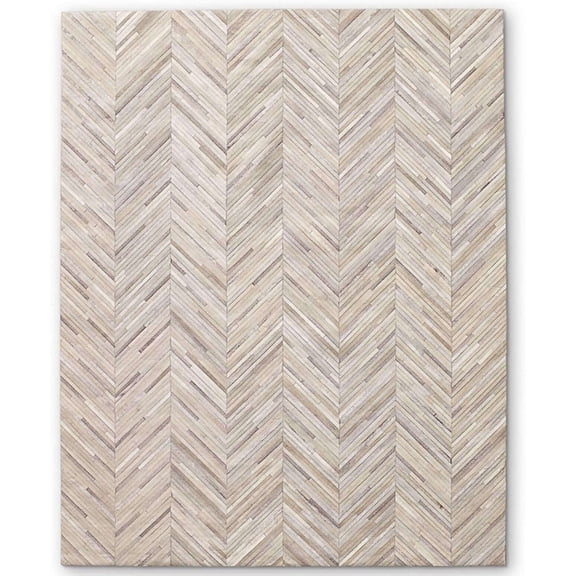 Hair-On Cowhide Leather Area Rug 5×8 ft – Beige Geometric Chevron Patchwork, Low Pile Non-Slip Rug with Wool Backing for Living Room, Bedroom & Office