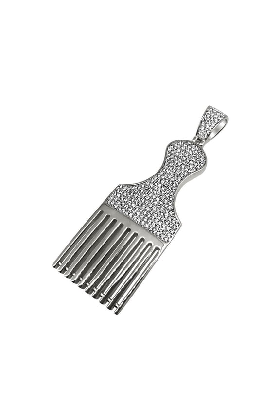 Hair Pic Barber Rhodium CZ Bling Bling Pendant