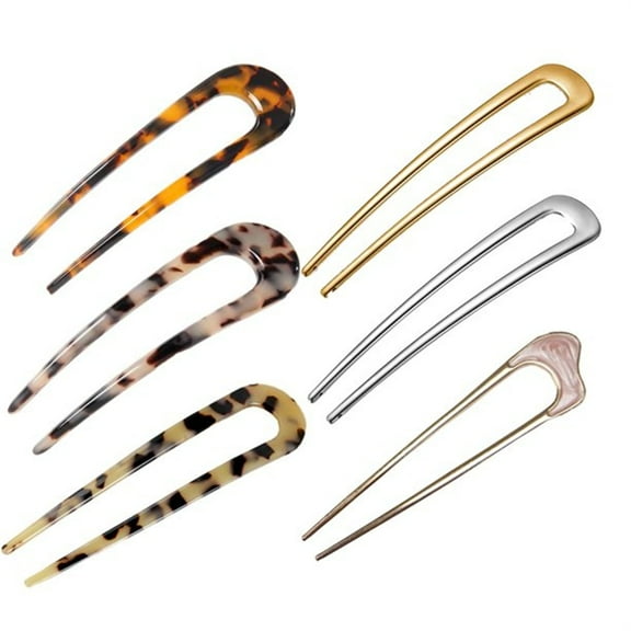 Hair Pins French Style, Casewin 6 Pcs Hair Sticks U Shaped Hair Forks Cellulose Acetate Thin Thick Hair, Leopard Prong Updo Chignon Hair Pin Hair Accessories for Women Girls