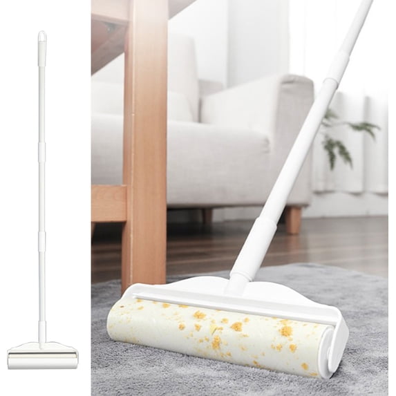 Hair Remover Roller Long Pole Large Size Brush | Bed Sofa Carpet Pet Hair Dirt Lint Removal Tool | Ergonomic Handle | Tearable Refill Paper | 124cm | White | 1 Pack