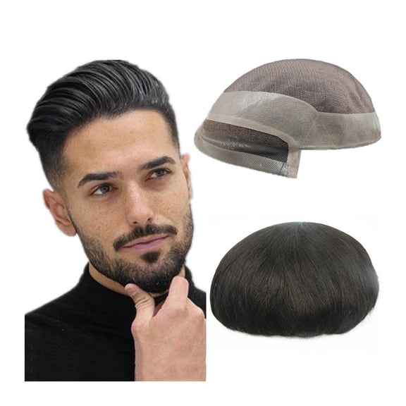 Hair Replacement System for Men Fine Mono with Poly PU Base Men's Toupee Human Hair Pieces #1B Off Black 10x8 Inch Male Hair Prosthesis