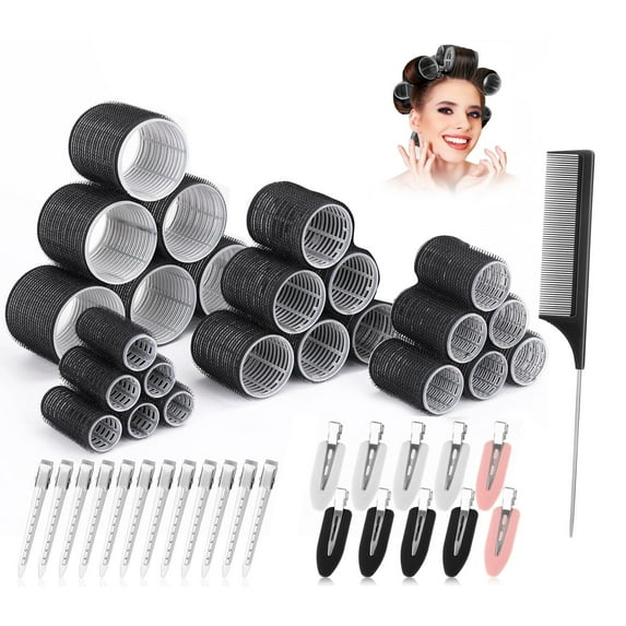 45 Piece Hair Rollers for Women Set, Self Grip Hair Rollers for Long Medium Short Hair, Large Medium Hair Curler ,4 Sizes Hair Rollers,Black