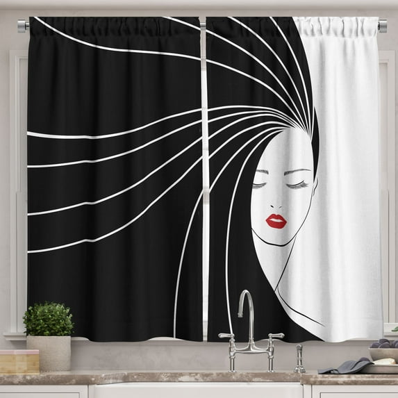 Hair Salon Kitchen Curtains, Traditional Beauty with Extra Long Straight Hair and Red Lips, Two Panels Drapes with Rod Pocket Room Decor, 55" X 45", Ruby Black and White, by Ambesonne