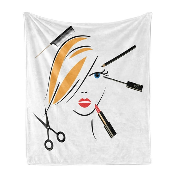 Hair Salon Soft Flannel Fleece Throw Blanket, Beauty Salon Concept Make up Hairdo Comb Lipstick and Scissors, Cozy Plush for Indoor and Outdoor Use, 50" x 70", Black Earth Yellow, by Ambesonne