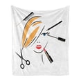 thumbnail image 1 of Hair Salon Soft Flannel Fleece Throw Blanket, Beauty Salon Concept Make up Hairdo Comb Lipstick and Scissors, Cozy Plush for Indoor and Outdoor Use, 70" x 90", Black Earth Yellow, by Ambesonne, 1 of 5