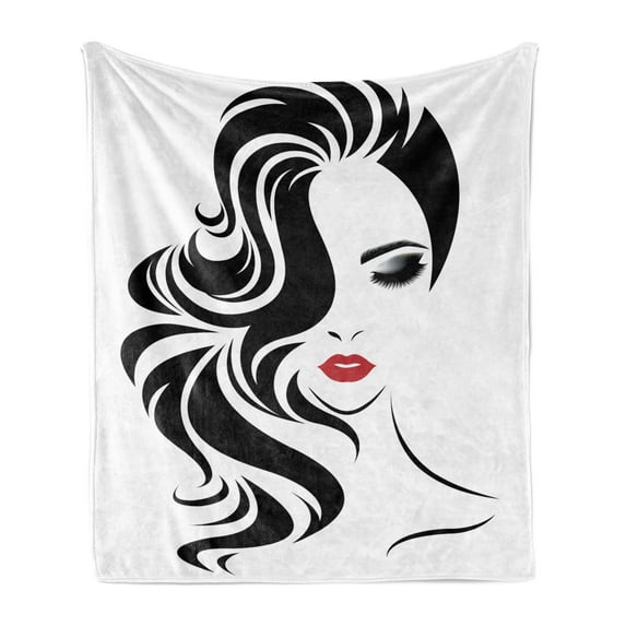 Hair Salon Soft Flannel Fleece Throw Blanket, Black and White Illustration of Woman with Wavy Hair and Lipstick, Cozy Plush for Indoor and Outdoor Use, 50" x 60", Vermilion Black, by Ambesonne