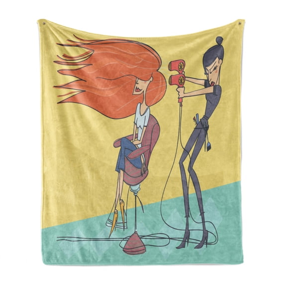Hair Salon Soft Flannel Fleece Throw Blanket, Funny Cartoon Illustration of Day in Beauty Salon Hairdresser with Blow Dryer, Cozy Plush for Indoor and Outdoor Use, 70" x 90", Multicolor, by Ambesonne