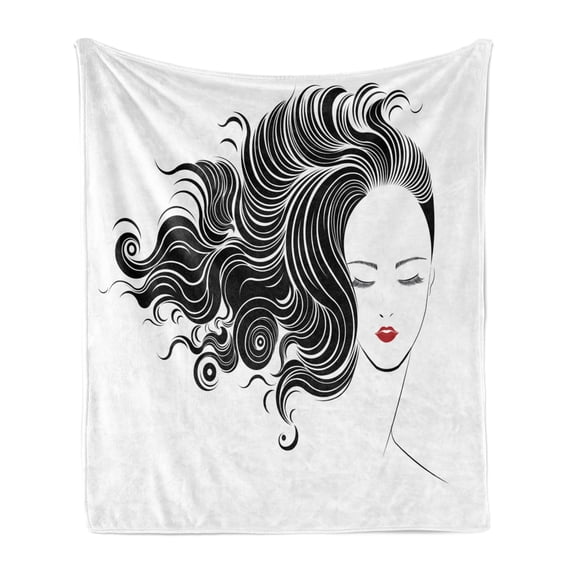 Hair Salon Soft Flannel Fleece Throw Blanket, Minimalist Hand-drawn Lady with Curly Hair and Long Eyelashes, Cozy Plush for Indoor and Outdoor Use, 50" x 70", Dark Coral Black, by Ambesonne