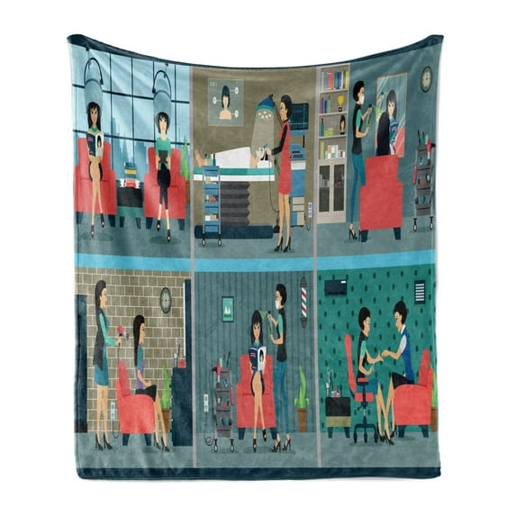 Hair Salon Soft Flannel Fleece Throw Blanket, Retro Cartoon Illustration of Day in Hairdressernd Beauty Salonctivities, Cozy Plush for Indoor and Outdoor Use, 50" x 60", Multicolor, by Ambesonne